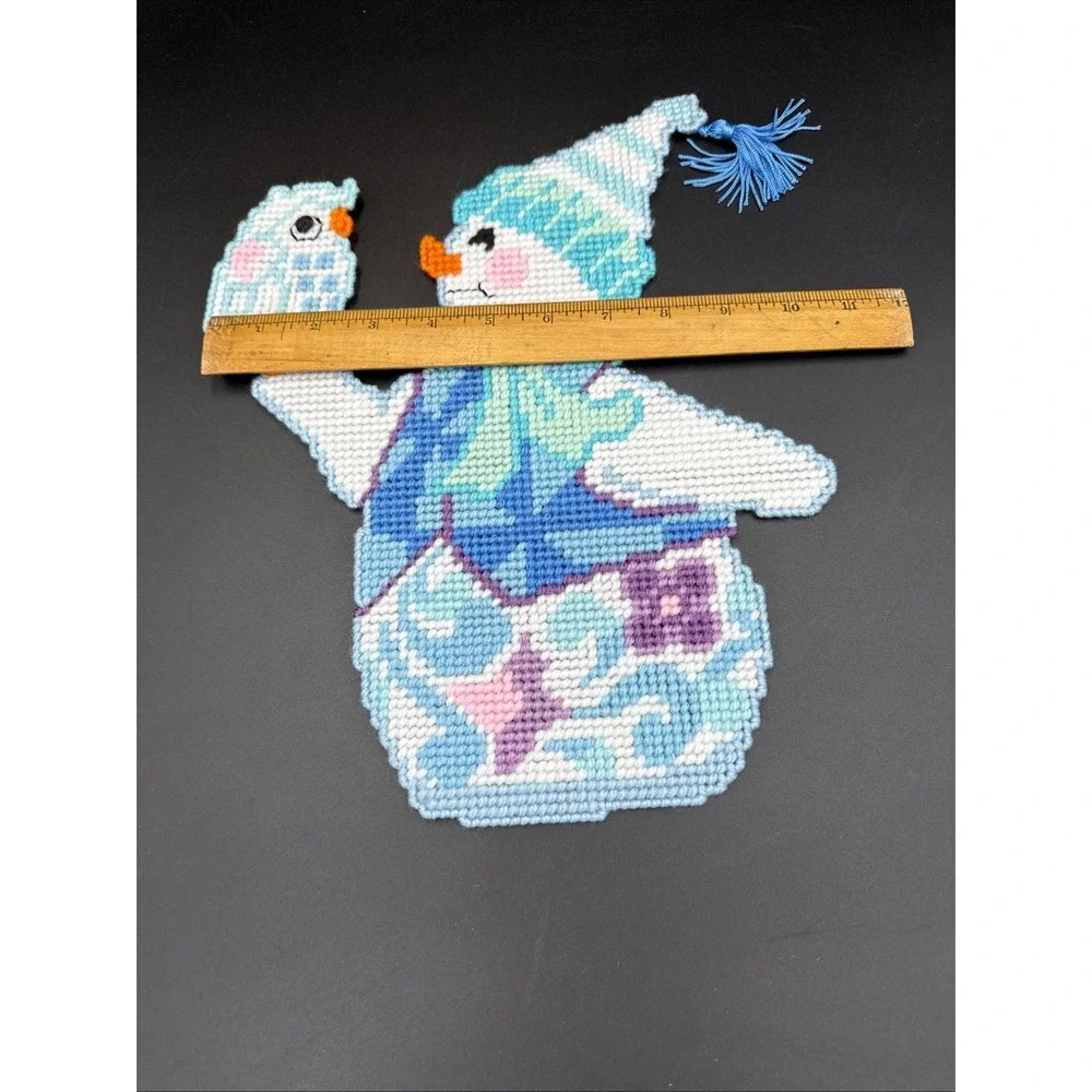 Plastic Canvas Winter Wall Table Decor Completed Blue Snowman And Bird 12 X 12